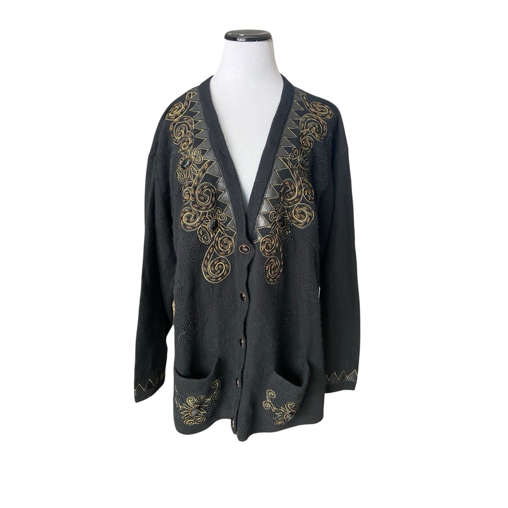 Vintage 80s Dynasty Glam Angora Lambswool Embellished Cardigan Size L Black Gold